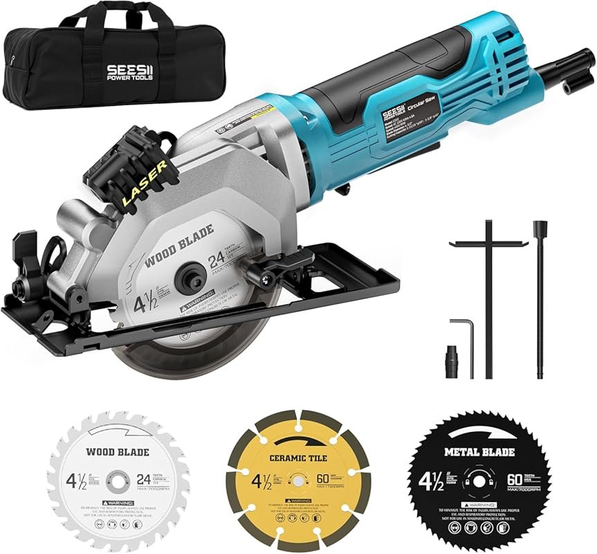 Seesii Mini Circular Saw with Laser Guide, 4.8A Motor, 4000 RPM, 3 Bla