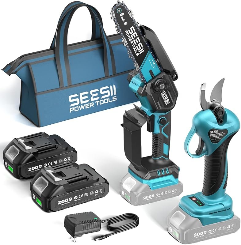 SEESII Mini Chainsaw and Pruning Shears Combo, 6-Inch Brushless Cordle